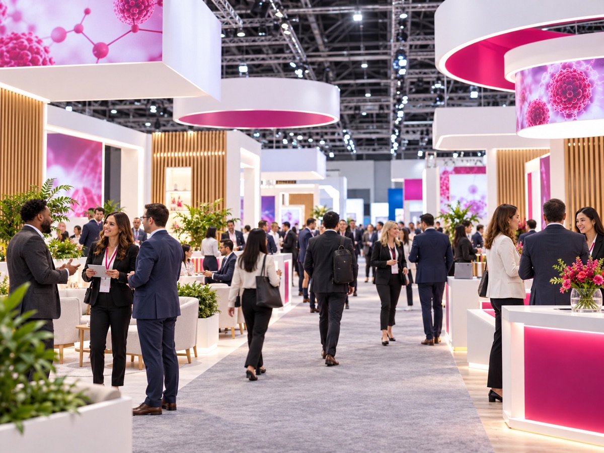 A busy life-science trade show floor with attendees walking between exhibitor booths